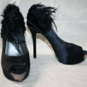 Enzo Angiolini Torrez Black Satin & Feathers Pumps